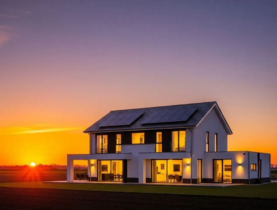 Bir evin çatısı üstünde güneş enerji sistemleri görseli